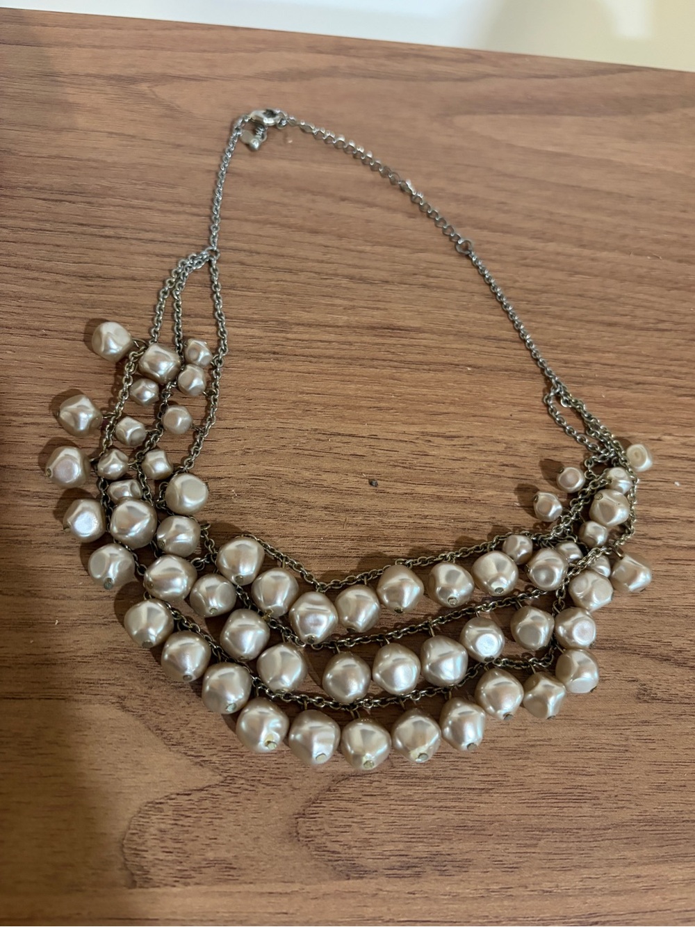 Silver Tone Faux Pearl Multi Strand Statement Necklace Cascading Chain Elegant